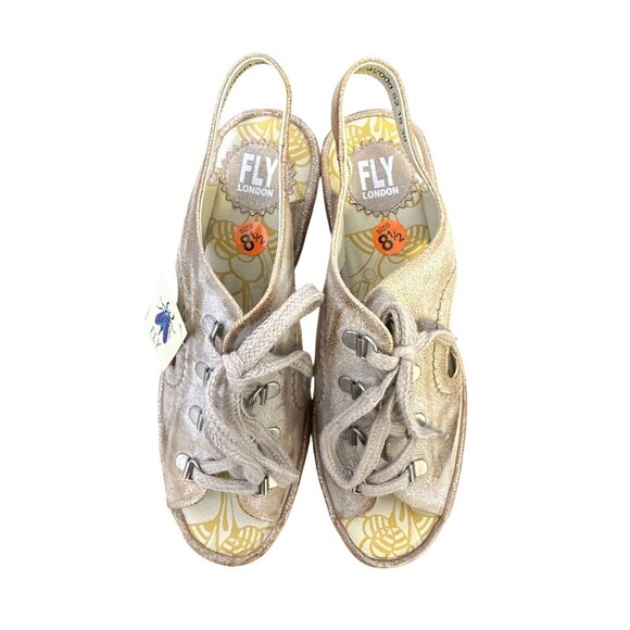 NWT Fly London Gold Metallic Slingback Wedge Shoes Size 8.5 - Picture 2 of 8